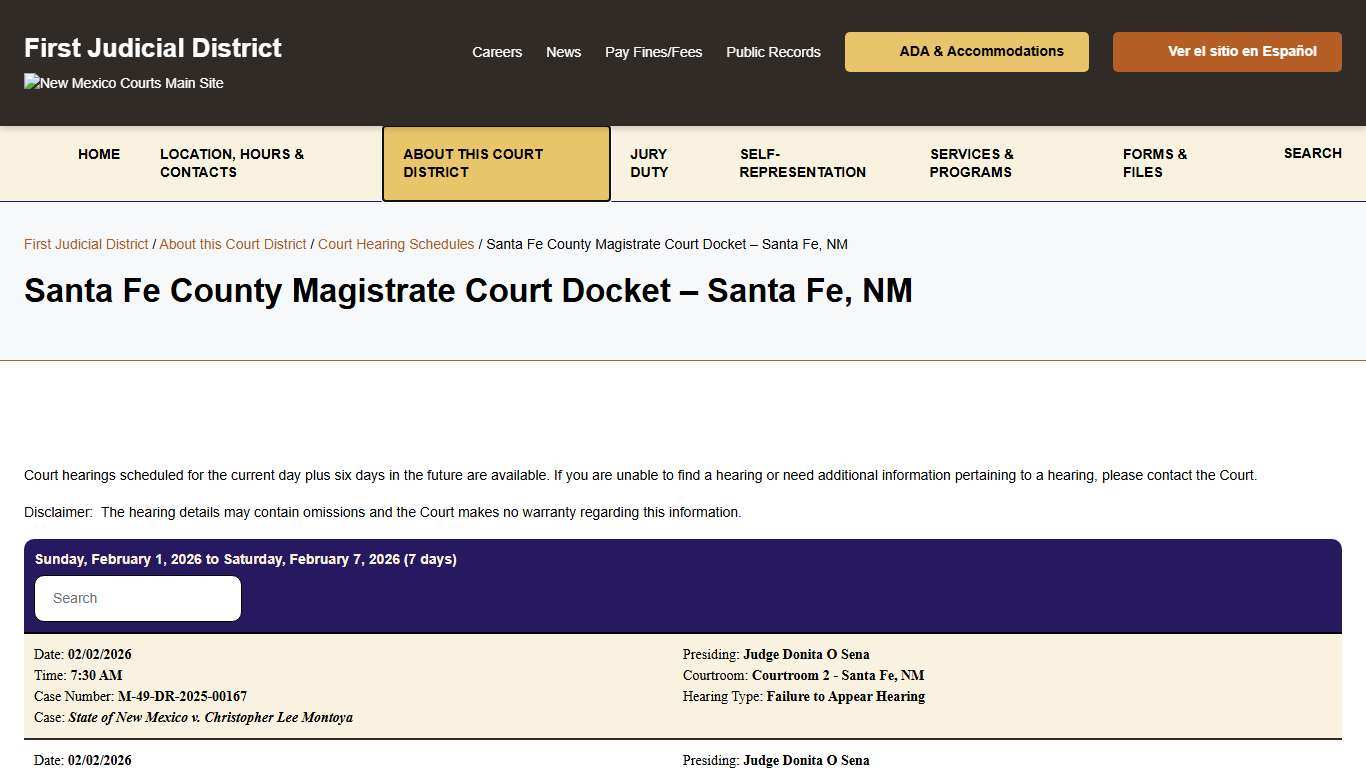 Santa Fe County Magistrate Court Docket - Santa Fe, NM - First Judicial District