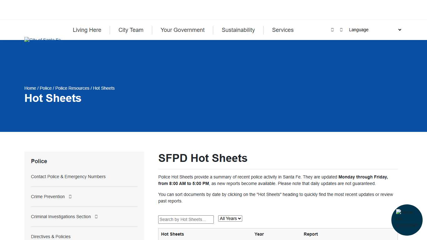 Santa Fe Police Hot Sheets City of Santa Fe